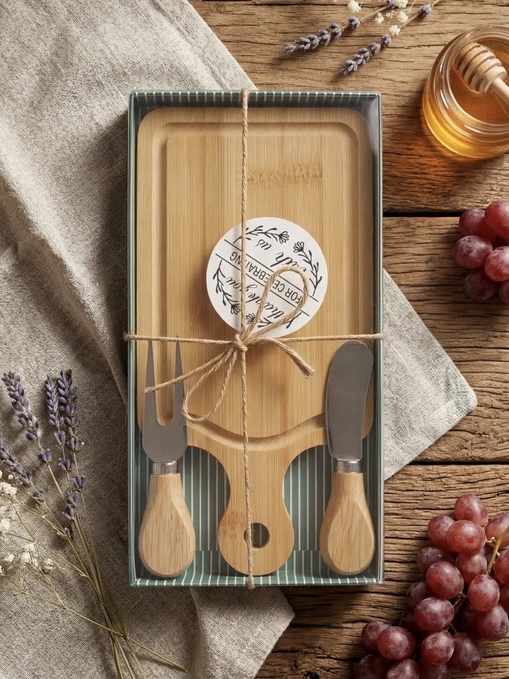Bamboo Cheese Board Set with Spreader & Fork - Natural Bamboo